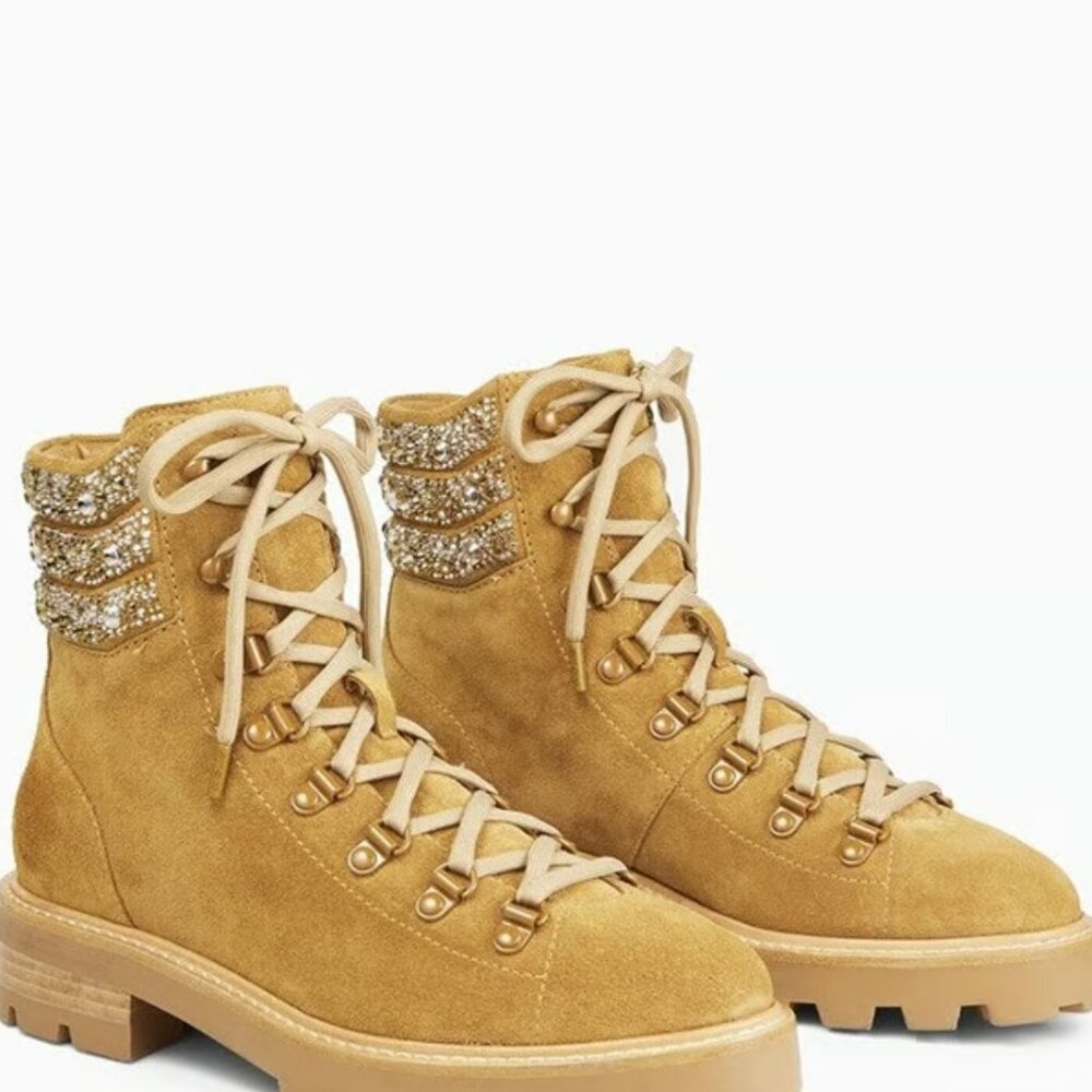 Jimmy Choo Suede Swarovski Crystal Womens Eshe Flat Boots Camel 38.5